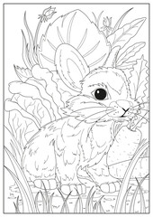 Coloring pages for children, decorative line art vector rabbit illustration design. Wild nature animals. Black contour outline sketch isolated on white background. Cower drawing. Black-white icon.