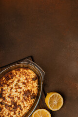 Freshly baked curd pudding in a baking dish