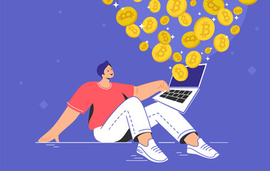 Young man sitting alone and buying or selling bitcoins on laptop. Flat modern concept vector illustration of people who buying and selling cryptocurrency and mining crypto coins on growing market