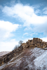 Old village Gamsutl  on top of rock in Caucasus Mountains.