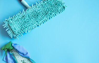 Minimalistic composition with mop and detergent for cleaning and keeping clean.