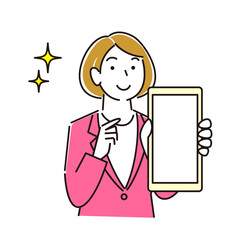 スマホの画面を見せているスーツ姿の女性 笑顔 程よいシンプルなイラスト ベクター A woman in a suit showing the screen of her smartphone. Smile. A simple illustration. vector.