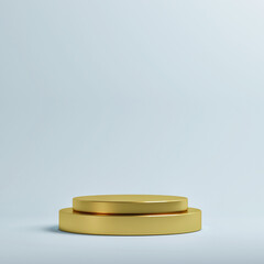 Golden podium for luxury product presentation, blue background, 3d render, 3d illustration
