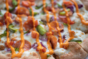 Appetizing pizza close-up. Top view.
