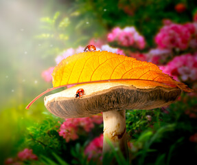 Fantasy magical Mushroom glade and Ladybugs in enchanted fairy tale dreamy elf Forest, fabulous...
