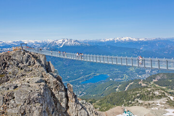 Whistler Peak Suspension Sky Bridge with Lake, City, Snow Mountain
