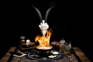 Fototapeta na wymiar Magic ritual with fire. Antique magic books, vintage bottles, bones, muhsrooms and bowl on the witch table. Halloween and esoteric concept. 