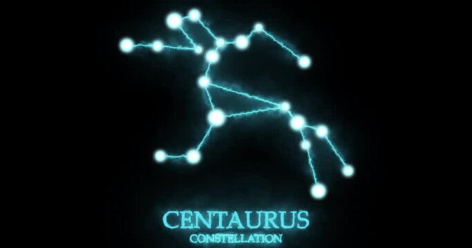 Centaurus constellation. Light rays, laser light shining blue color. Stars in the night sky. Cluster of stars and galaxies. Horizontal composition, 4k video quality