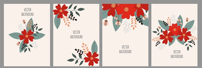 Floral bouquet of flat flowers. Botanical illustration in flat cartoon style. Design for banner, print and card. Vector set