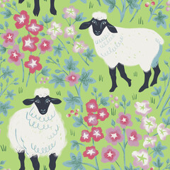Seamless pattern with white sheep on the mallow field.