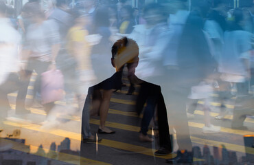 Young man in a busy city crowd environment. 