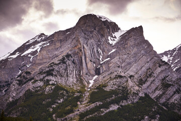 Snow covered rugged peaks.