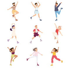 Excited Man and Woman Dancing on Roller Skates Vector Illustration Set