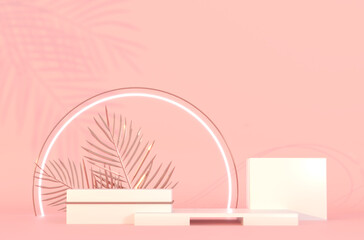 Pedestal and circle frame. Palm trees gold glitter leaves. 3d render illustration. Podium for brand promotion product. Creative pink background for advertising presentation. Stand base mockup