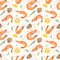 Seamless pattern with cooked shrimps, clams, lemon slices and rosemary sprigs on a white background. Hand-drawn watercolor illustration. Perfect for design and more.
