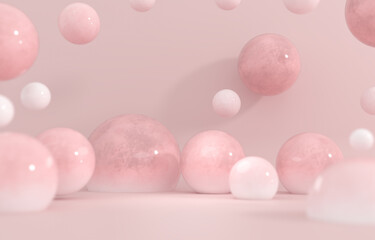 Chewing gum bubbles. Dynamic bouncing balls and copy space for text. Pink pastel background advertisement. Pedestal, exhibition base for product. Sweet candies - 3d render illustration 