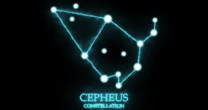 Cepheus constellation. Light rays, laser light shining blue color. Stars in the night sky. Cluster of stars and galaxies. Horizontal composition, 4k video quality