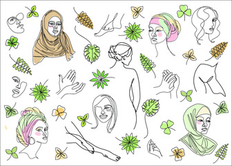 Silhouettes of a female head, turban, hijab. Hands, legs of a lady, leaves of plants in a modern one line style. Solid line, outline for decor, posters, stickers, logo. Vector illustration.