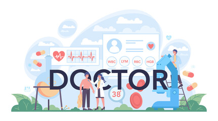 Doctor typographic header. Healthcare, modern medicine treatment, analysis