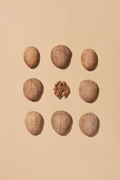 Square pattern from walnuts shell with shadows.