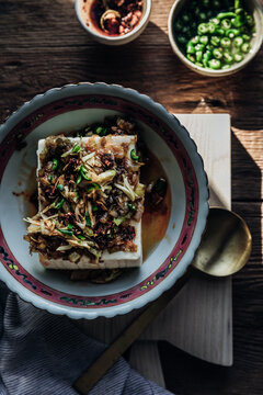Steamed Soft Tofu with Leeks