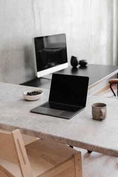 Workspace with gadgets in modern minimalist style