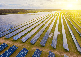 Solar power plant in the field. Aerial view of Solar panels.