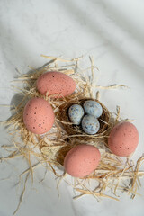 Four pink eggs and three small blue eggs in the nest