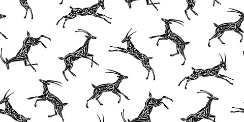 Seamless pattern of antelope animal  vector illustration painted by ink, hand drawn grunge cave deer painting, endless black isolated silhouette on white background - obrazy, fototapety, plakaty