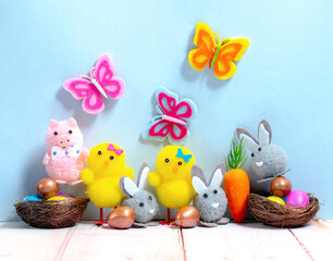 Cute Easter toy animals with Easter eggs