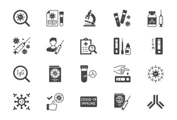 Coronavirus test flat icons. Vector illustration include glyph icon - vaccine clinical trial, antibody, rapid kid, blood sample silhouette pictogram for covid19 diagnostic