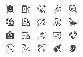 Antibiotic resistance flat icons. Vector illustration include glyph icon pills, bacteria, genetics, injection, immunization calendar silhouette pictogram for medication