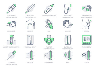 Thermometer line icons. Vector illustration include icon - infrared pyrometer, fahrenheit, contactless, thermostat outline pictogram for temperature measurment. Green Color, Editable Stroke - obrazy, fototapety, plakaty