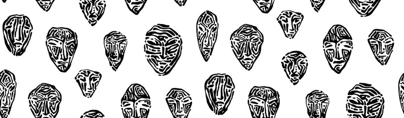 Engraved ancient stone masks seamless pattern. Endless hand drawn human face prints graphic vector illustration, black isolated on white background painted by ink