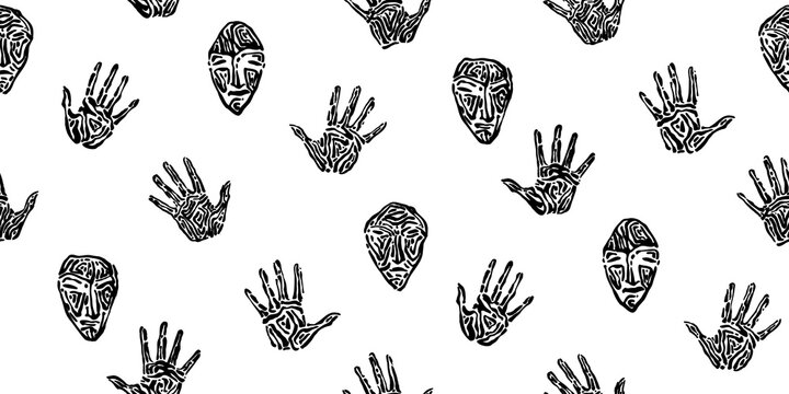 Engraved Ancient Handprint And Mask Seamless Pattern. Endless Hand Drawn Human Palm Prints And Human Face Graphic Vector Illustration, Black Isolated On White Background Painted By Ink