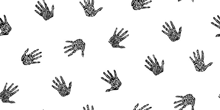 Engraved ancient handprint seamless pattern. Endless hand drawn human palm prints graphic vector illustration, black isolated on white background painted by ink