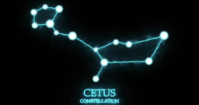 Cetus constellation. Light rays, laser light shining blue color. Stars in the night sky. Cluster of stars and galaxies. Horizontal composition, 4k video quality