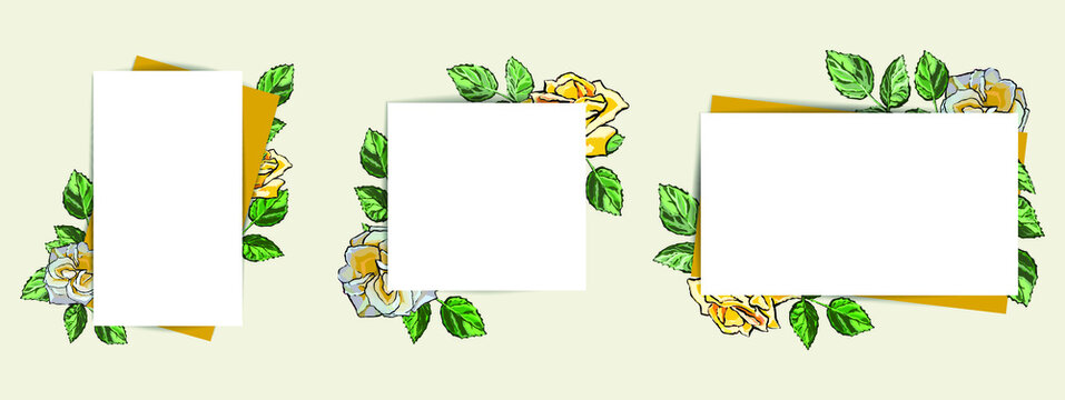 Set of floral templates for design. Sheets of white and rich yellow paper. Rectangle. Square. Elements of branches with rose leaves, cream and yellow roses. Vector illustration. Eps 10.