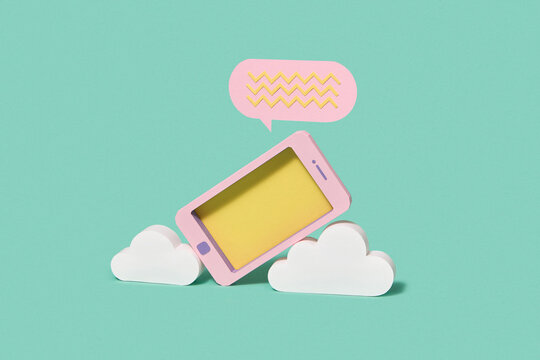 Paper smartphone on the clouds with talk icon.