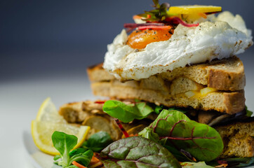 Egg in a cloud on grilled sandwiches with cumberland sausage, tomato and mayonnaise, all served with a fresh salad