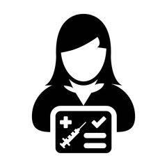 Vaccine card icon vector with female user person profile avatar symbol for medical and healthcare certificate in a glyph pictogram illustration