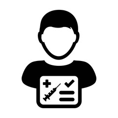 Vaccine passport icon vector with male user person profile avatar symbol for medical and healthcare certificate in a glyph pictogram illustration
