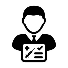 Vaccination passport icon vector with male user person profile avatar symbol for medical and healthcare certificate in a glyph pictogram illustration