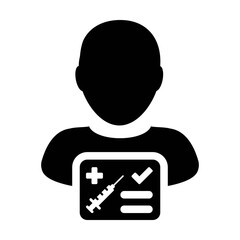 Vaccination report card icon vector with male user person profile avatar symbol for medical and healthcare certificate in a glyph pictogram illustration