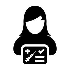 Vaccination card icon vector with female user person profile avatar symbol for medical and healthcare certificate in a glyph pictogram illustration