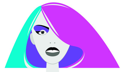Vector graphics-portrait of a beautiful young woman with makeup and colorful hair close-up isolated. Concept-beauty and care