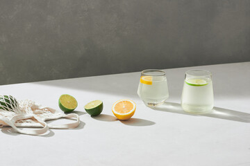 Fresh lemon lime citrus fruit and water