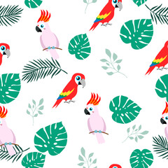 Tropical seamless pattern, funny birds, palm leafs vector illustration
