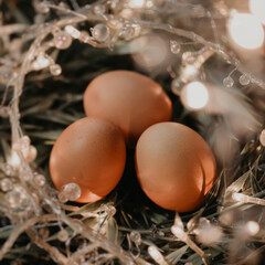 Easter eggs with lights in a tub close up.