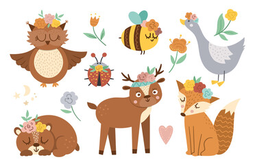 Vector woodland animals, insects and birds collection. Boho forest set. Bohemian fox, owl, bear, deer, ladybug, goose with flowers on heads. Celestial clip art pack with cute characters..
